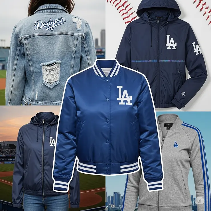 A collage showing different styles of women's Dodgers jackets, including bomber, denim, and windbreaker options.