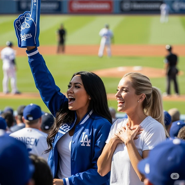 Two women cheering at a baseball game, one wearing a Dodgers jacket, capturing the fan experience.