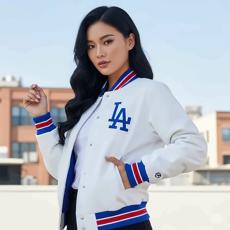 A female model posing in a white Dodgers varsity jacket with blue and red stripes, showcasing the jacket's style.