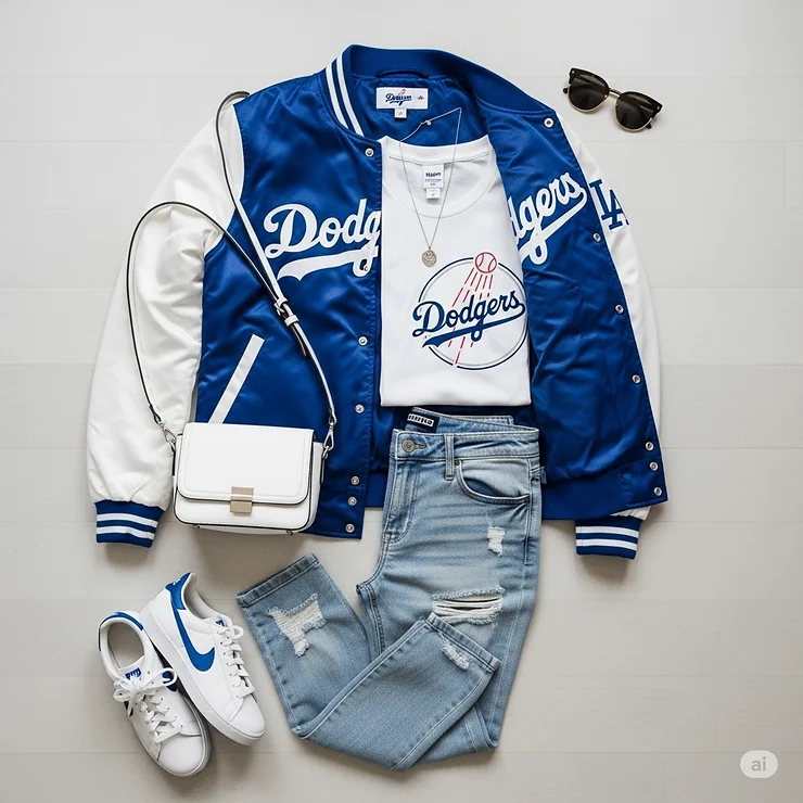 A flat lay of a complete outfit featuring a Dodgers women's jacket paired with jeans, a t-shirt, and sneakers.