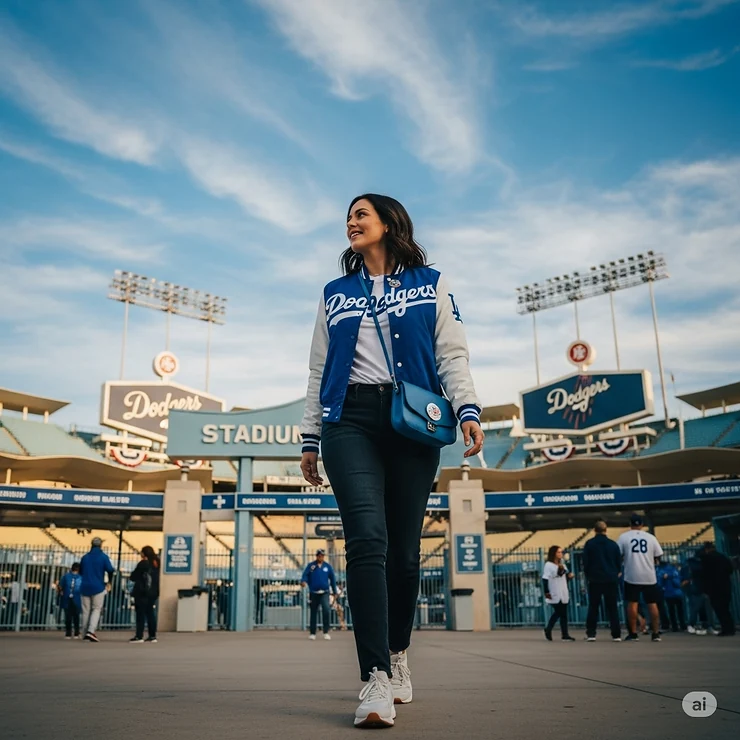 A woman walking towards the entrance of Dodger Stadium, wearing a stylish Dodgers jacket and carrying a purse.