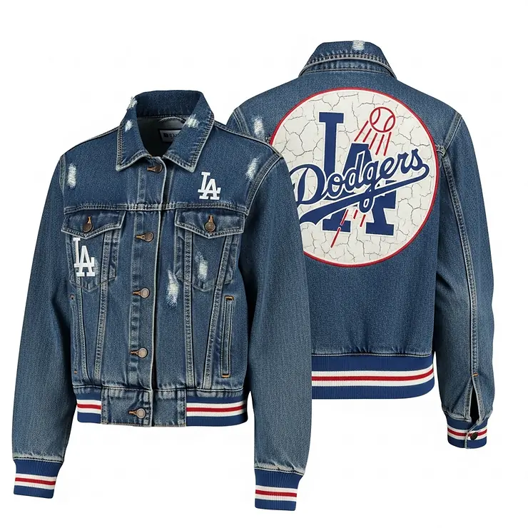 A vintage-style Los Angeles Dodgers jacket for women, featuring a retro logo and distressed fabric.
