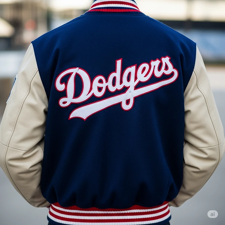 Rear view of the Dodgers letterman jacket with "Dodgers" embroidered across the back in script font.