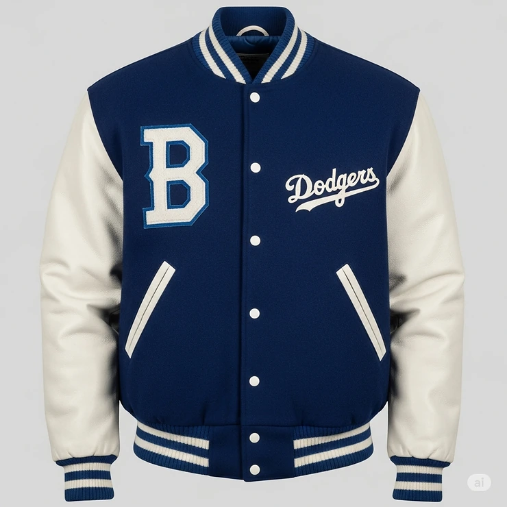 Front view of a vintage-style Dodgers letterman jacket showing the button-up closure and side pockets.