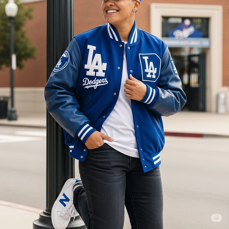 A person wearing a stylish Dodgers letterman jacket, perfect for game day or casual wear.
