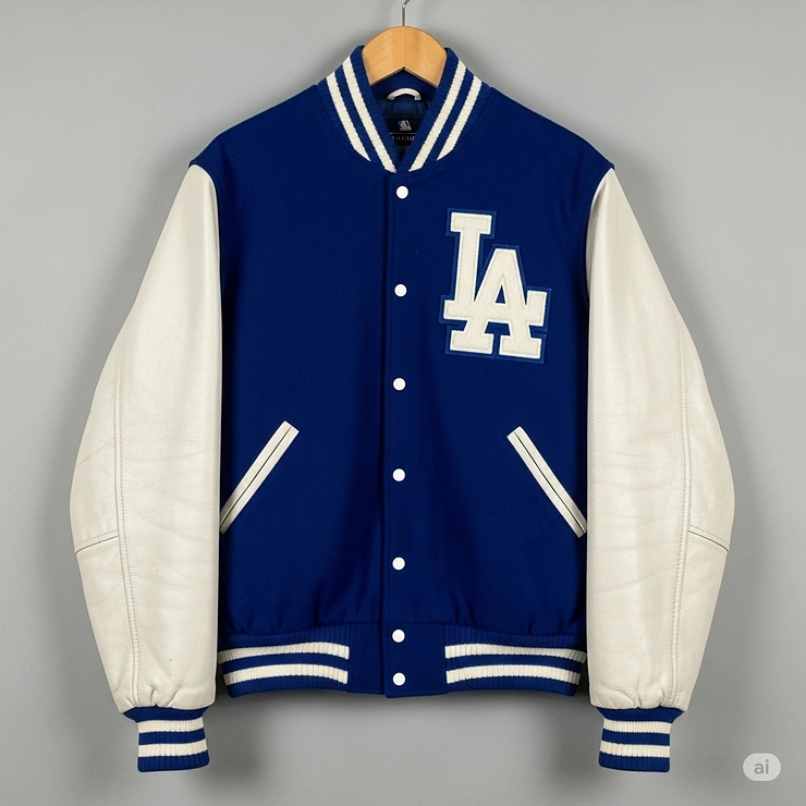 A classic Los Angeles Dodgers letterman jacket featuring blue wool and white leather sleeves with the iconic "LA" logo on the chest.