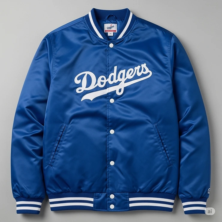 Front view of a classic Dodgers satin jacket, detailing the side pockets and snap closure buttons.