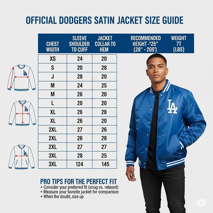 A size chart guide for various Dodgers satin jackets to help customers find their perfect fit.