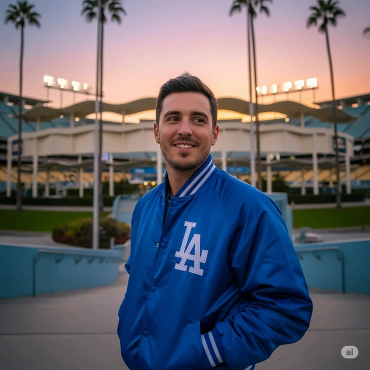 A man wearing a vintage blue Dodgers satin jacket with a white 'LA' logo on the chest, standing in front of a stadium.