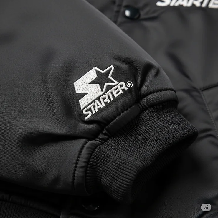 Close-up on the intricate details of the jacket, including the Starter brand logo on the cuff and the durable, satiny material.