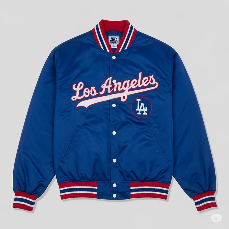 Full-front view of a high-quality Dodgers Starter jacket, highlighting the embroidered "Los Angeles" script and the snap-button front closure.