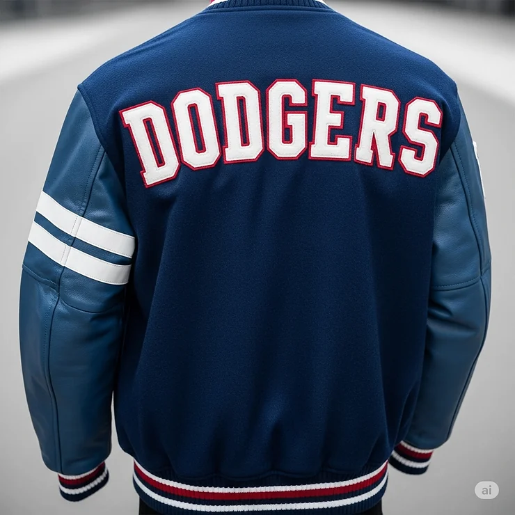 Back view of the Dodgers varsity jacket, featuring the "Dodgers" wordmark in large, stitched letters across the shoulders.