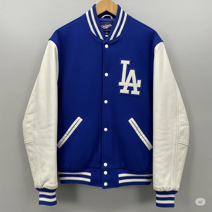 A classic Los Angeles Dodgers varsity jacket with a blue body and white leather sleeves, featuring the official "LA" logo on the chest.