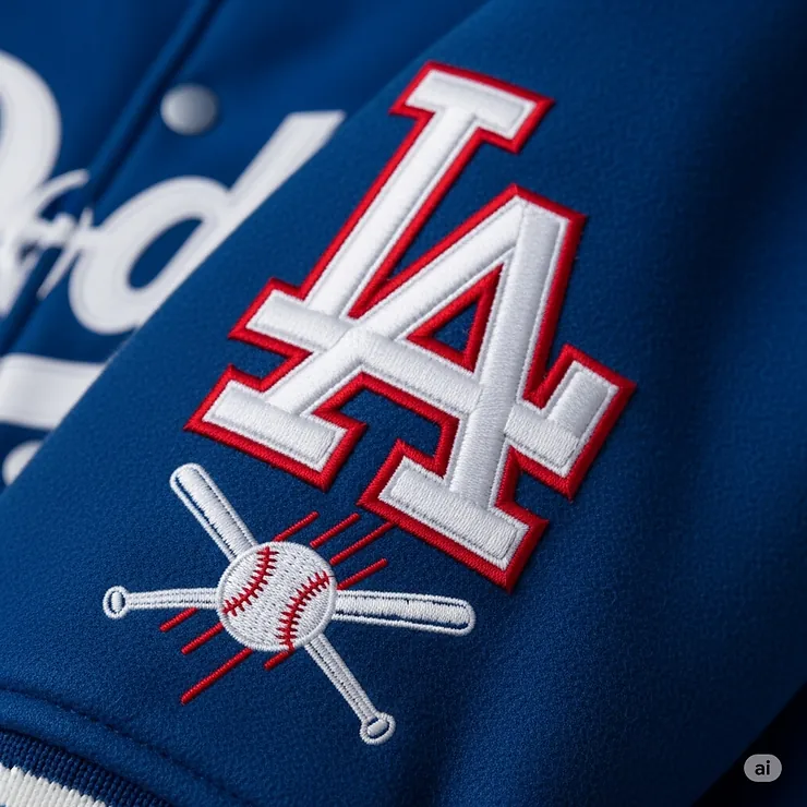 A close-up shot of the embroidered Dodgers logo and detailing on the sleeve of a blue varsity jacket.