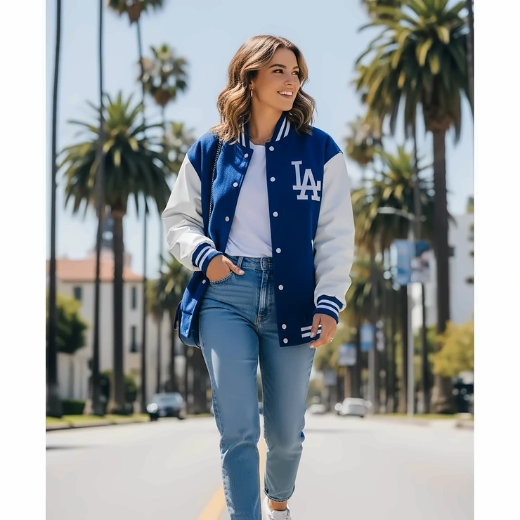 A lifestyle image of a young woman wearing a Dodgers varsity jacket, showing its stylish, relaxed fit.