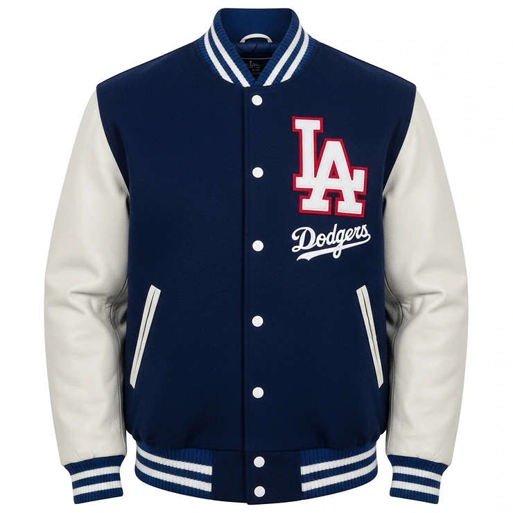 Front view of the official Los Angeles Dodgers varsity jacket, showing the team's logo prominently on the chest.