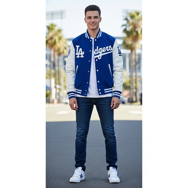 A full-length photo of a male model wearing the classic blue and white Dodgers varsity jacket.