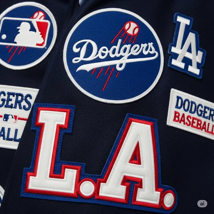 A close-up shot of the detailed patches on a men's Dodgers varsity jacket, showcasing the team's logo and classic "L.A." lettering.