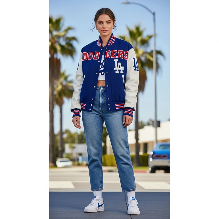 A full-length photo of a female model wearing the vintage-style Los Angeles Dodgers varsity jacket.
