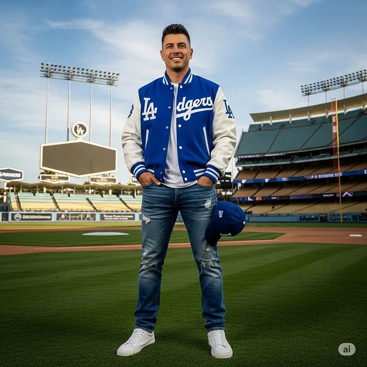 A high-quality photo of a man wearing a classic Dodgers varsity jacket in blue and white, posing against a backdrop of Dodger Stadium.