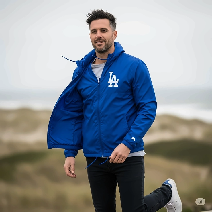 A man stands outdoors on a breezy day, protected from the elements by a lightweight Dodgers windbreaker jacket.