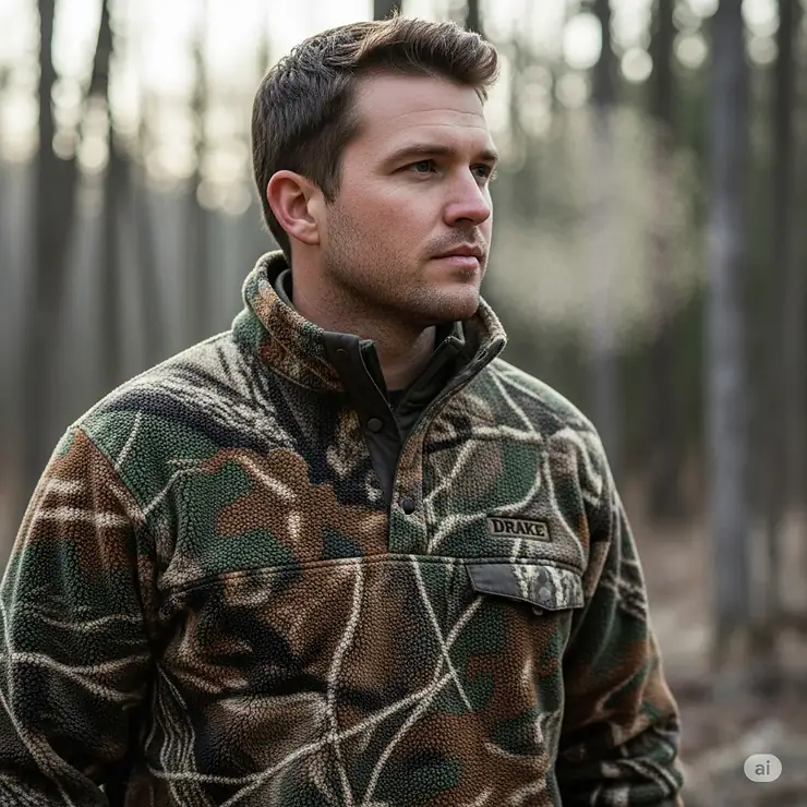 A hunter wearing a Drake Old School Camo fleece pullover, showcasing the detailed camouflage pattern and comfort for cold weather.