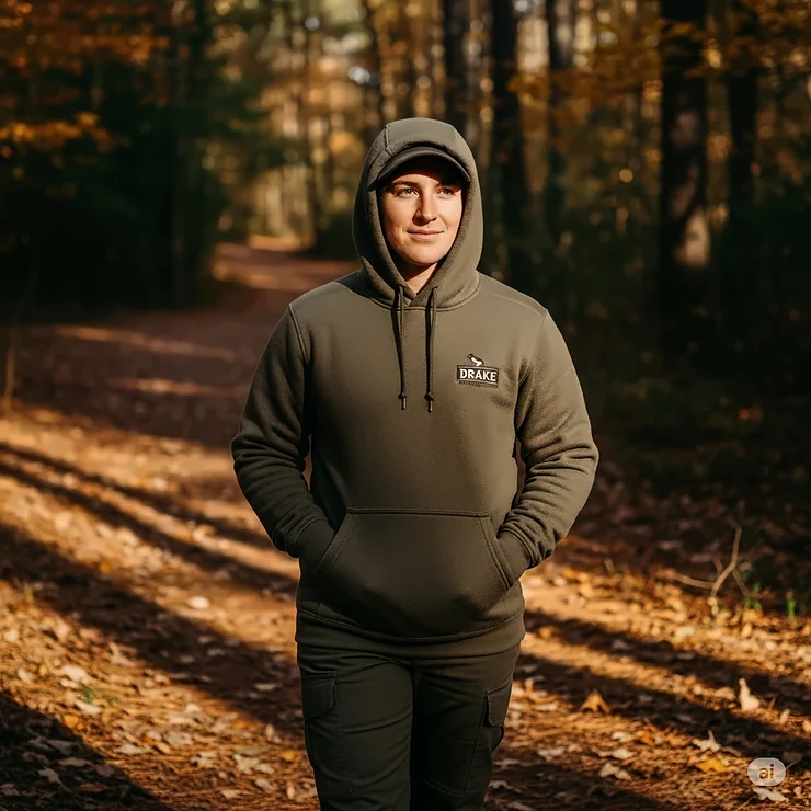 A lifestyle shot of a person wearing a Drake fleece hoodie while walking through a wooded area, illustrating its versatility and warmth.