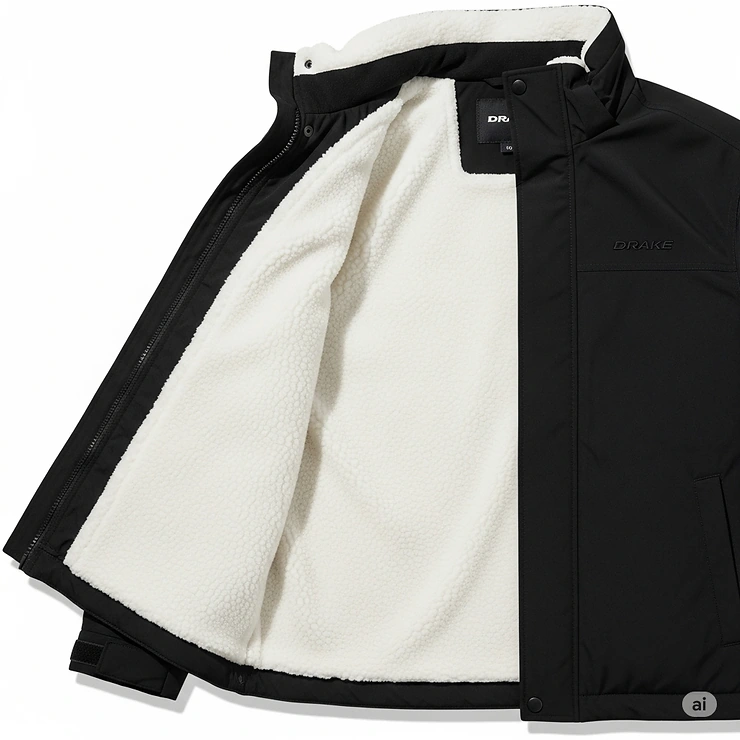 A cutaway view of a Drake jacket, revealing the soft fleece lining on the inside, which provides superior insulation.