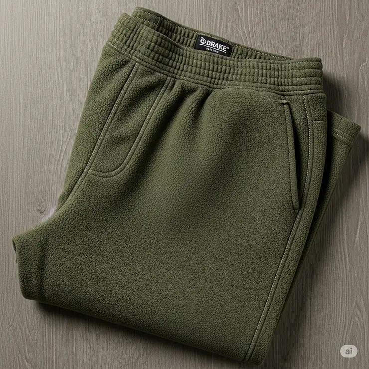A pair of Drake fleece pants are shown, highlighting the elastic waistband and durable construction for comfort in the field.