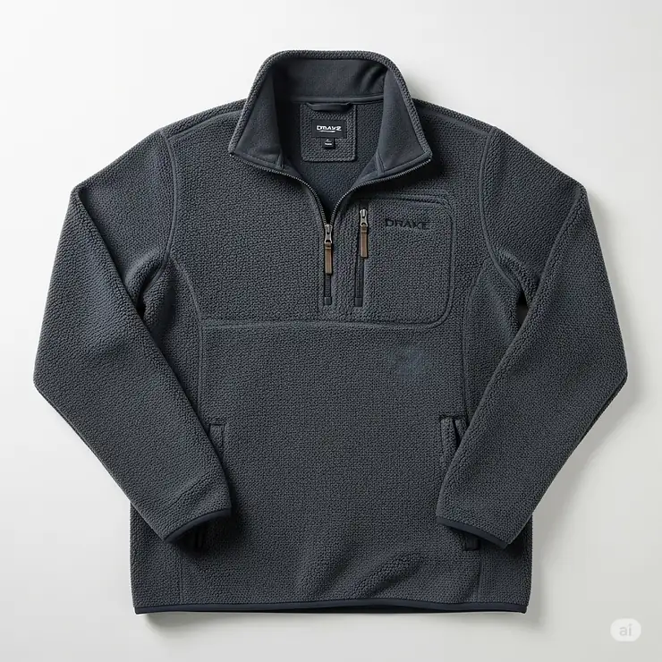 A flat-lay photo of a Drake quarter-zip fleece pullover, emphasizing the zippered front and soft texture of the material.