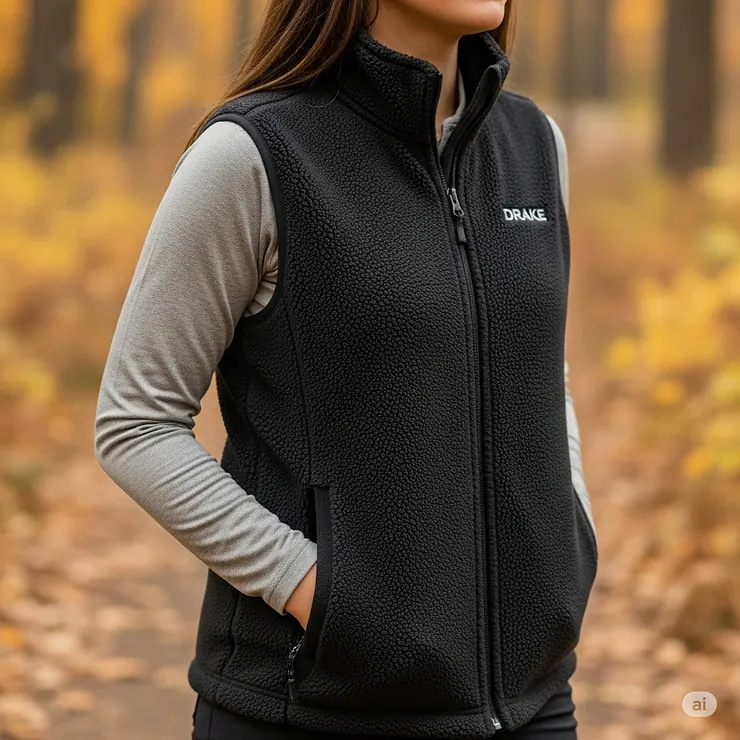 An image of the Drake fleece vest, showing the sleeveless design and its layered use for extra core warmth during outdoor activities.