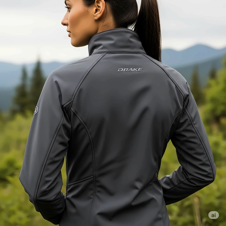 Rear view of a woman wearing the Drake jacket, highlighting its articulated design and comfortable fit.