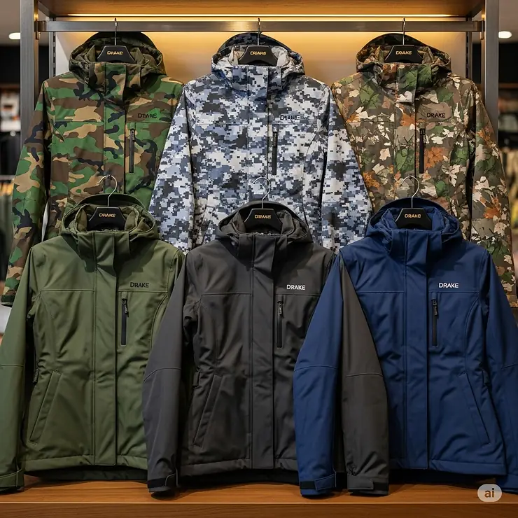 A display of several Drake women's jackets in various camouflage patterns and solid colors.