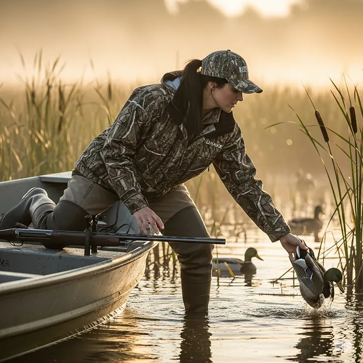 A woman wearing her Drake waterfowl jacket while duck hunting, demonstrating its performance and mobility.