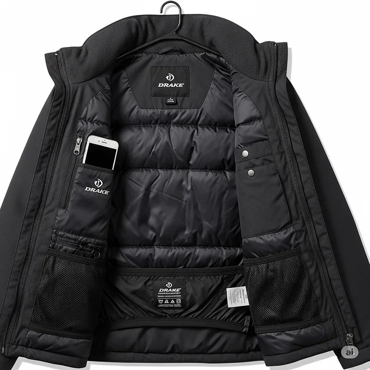 Interior of the women's Drake jacket, showing the functional pockets and lining.