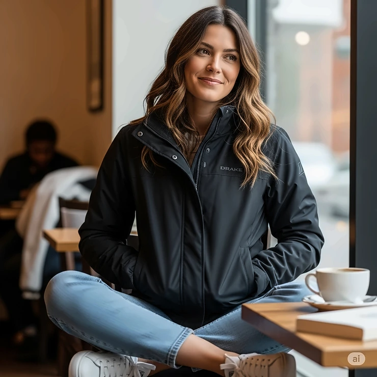 A casual lifestyle shot of a woman comfortably wearing a Drake jacket for women.