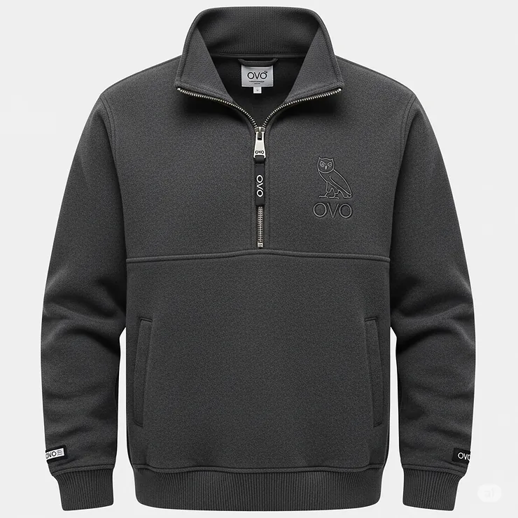 A detailed front view of the Drake pullover jacket, highlighting the quarter-zip and embroidered OVO branding.