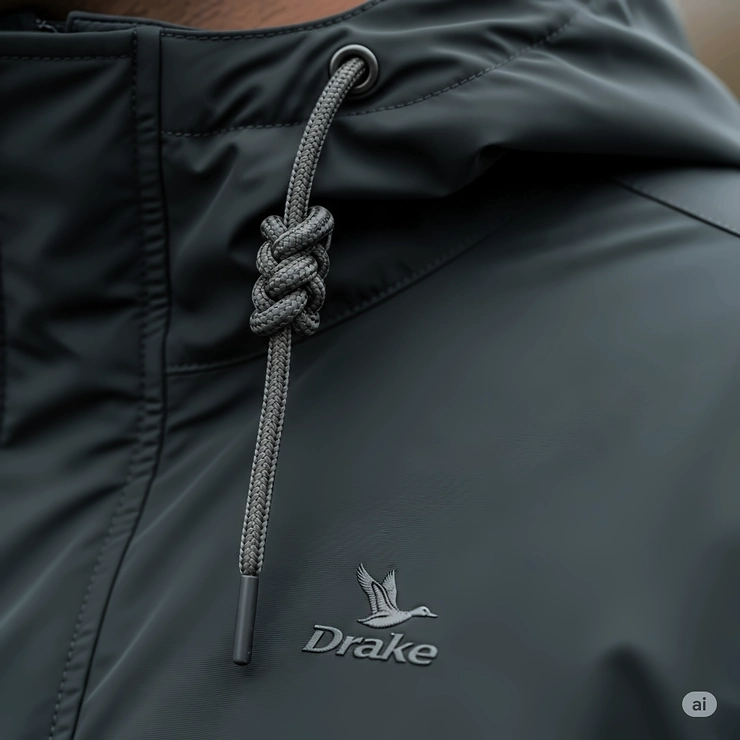 A close-up shot of the adjustable drawstring hood on the Drake pullover jacket, showcasing the quality of the material.
