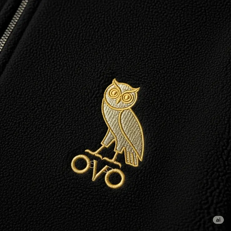A close-up of the classic OVO owl logo embroidered on the chest of the Drake pullover jacket.