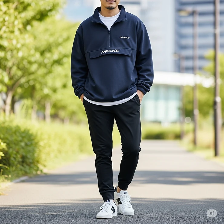 An outfit suggestion showing the Drake pullover jacket paired with joggers and sneakers for a casual, comfortable look.