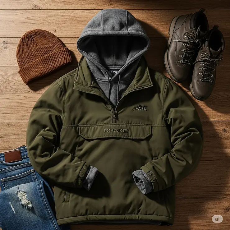 A styled photo showing how the Drake pullover jacket can be layered over a hoodie for extra warmth during the colder months.