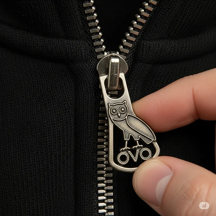 A detailed look at the zipper on the Drake pullover jacket, highlighting its smooth operation and the embossed OVO pull tab.