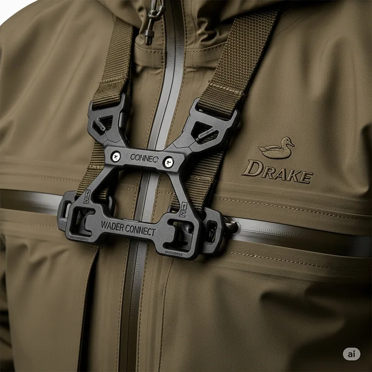An image showing the Wader Connect system on the Drake Wader Jacket, which seamlessly integrates with waders to prevent water from entering during a hunt.