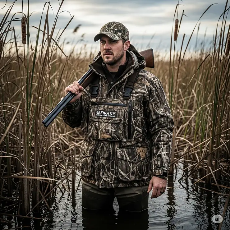 A hunter wearing a Drake Waterfowl Systems LST Guardian Elite jacket over waders, standing in a marsh at sunrise with a shotgun, showcasing the jacket's durability and design for cold weather waterfowl hunting.