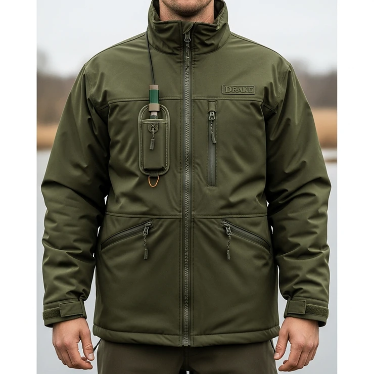 Full frontal view of the Drake Wader Jacket, highlighting the main zipper with a storm flap and the integrated call-and-whistle holder, perfect for waterfowl hunting.