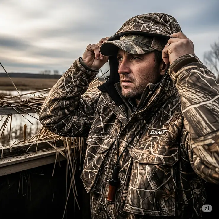 A hunter adjusting the fleece-lined, removable hood on the Drake Wader Jacket, emphasizing the customizable fit and added protection from the elements.