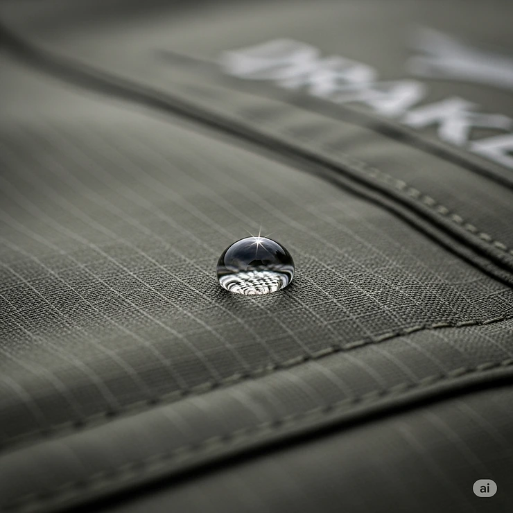 A water droplet beading up on the waterproof outer shell of the Drake Wader Jacket, illustrating its ability to repel moisture and keep the wearer dry.