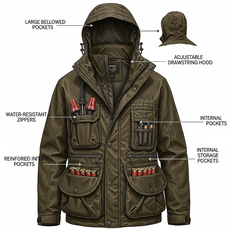 Detailed illustration highlighting the practical pockets and adjustable hood of a Drake Waterfowl jacket for efficient gear storage.