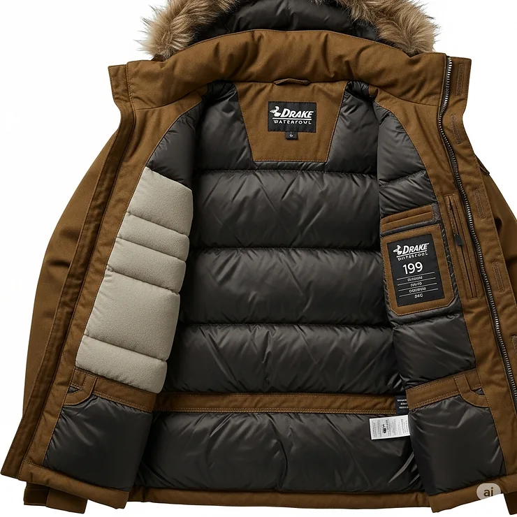 Inside view of a Drake Waterfowl jacket, showing the advanced insulation technology designed for superior warmth in cold weather.