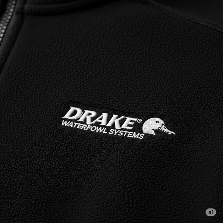 Close-up shot of the logo on a Drake Waterfowl Systems fleece jacket, highlighting the quality and brand.